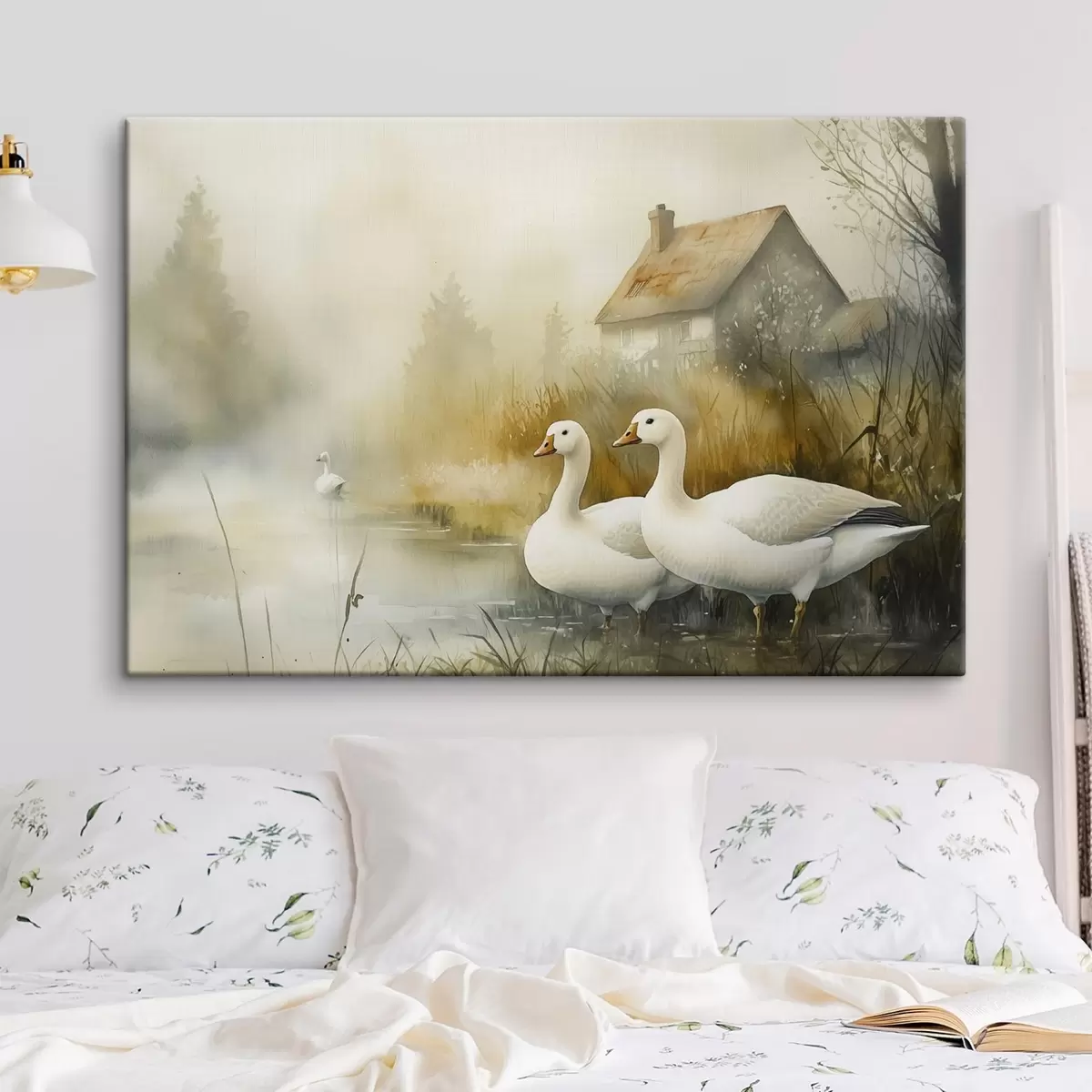 Glezna Zosis ezerā pie lauku mājas, lauku, akvareļu stilā s44022