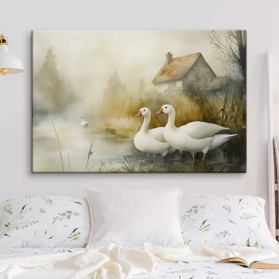 Glezna Zosis ezerā pie lauku mājas, lauku, akvareļu stilā s44022