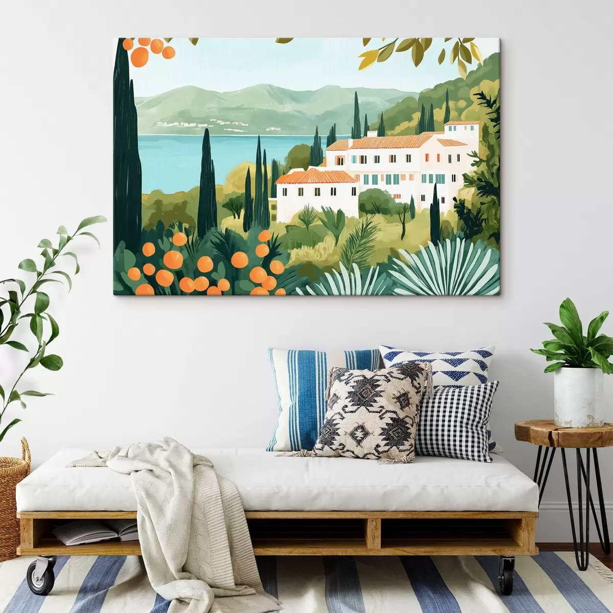 Glezna Vidusjūras ainavas ar apelsīnu kokiem un mājām, jūras piekraste s44027