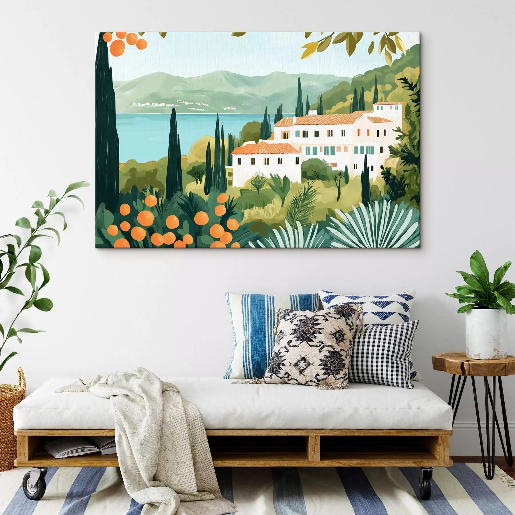 Fototapetes Vidusjūras ainavas ar apelsīnu kokiem un mājām, jūras piekraste s44027