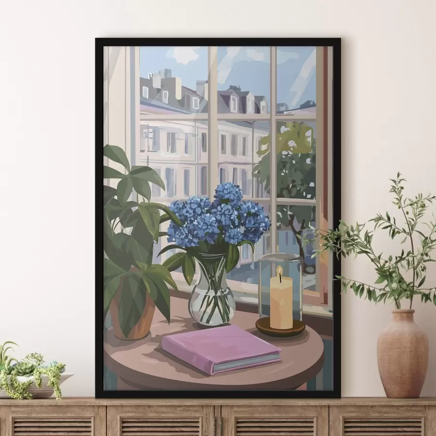 Fototapetes Hortenzijas vāzē, skats no loga, svece, mājīgas mājas f44009