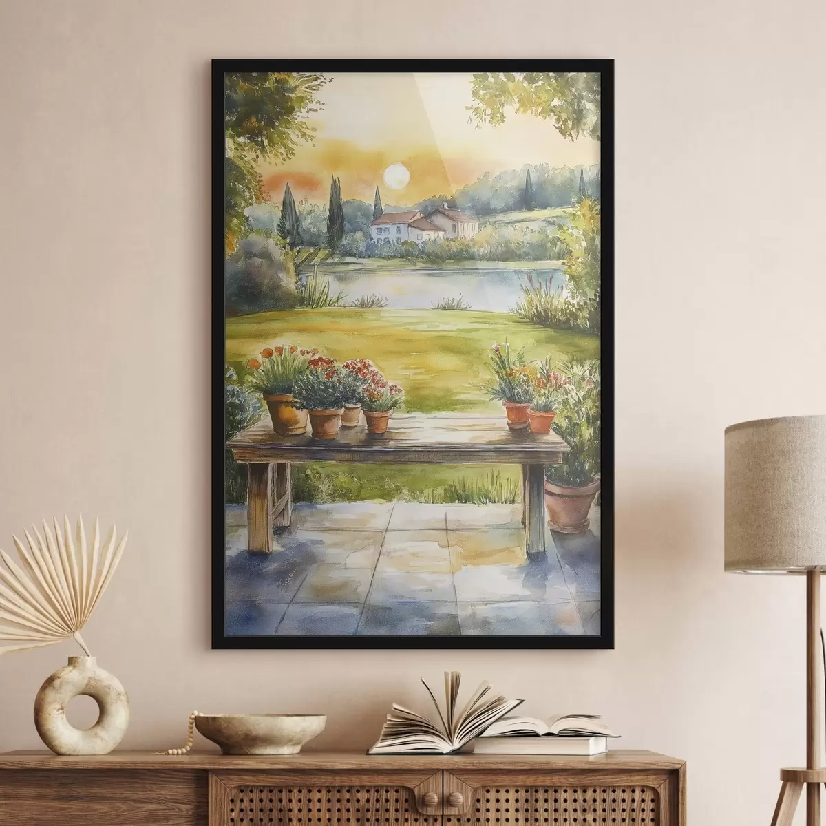 Plakāts Ciemats uz saulrieta, lauku, vasaras ziedi, ezers, akvareļu stilā f44016