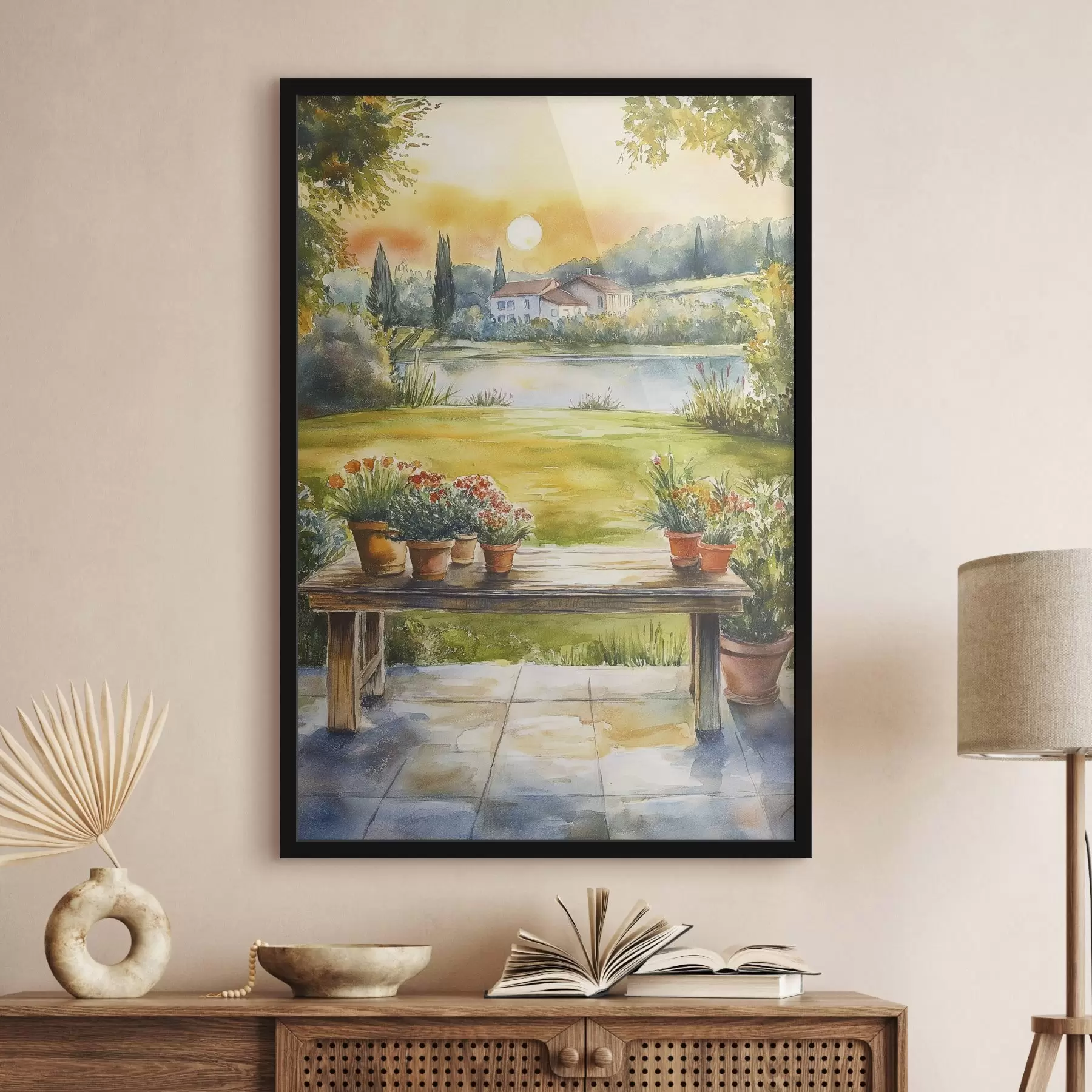 Fototapetes Ciemats uz saulrieta, lauku, vasaras ziedi, ezers, akvareļu stilā f44016