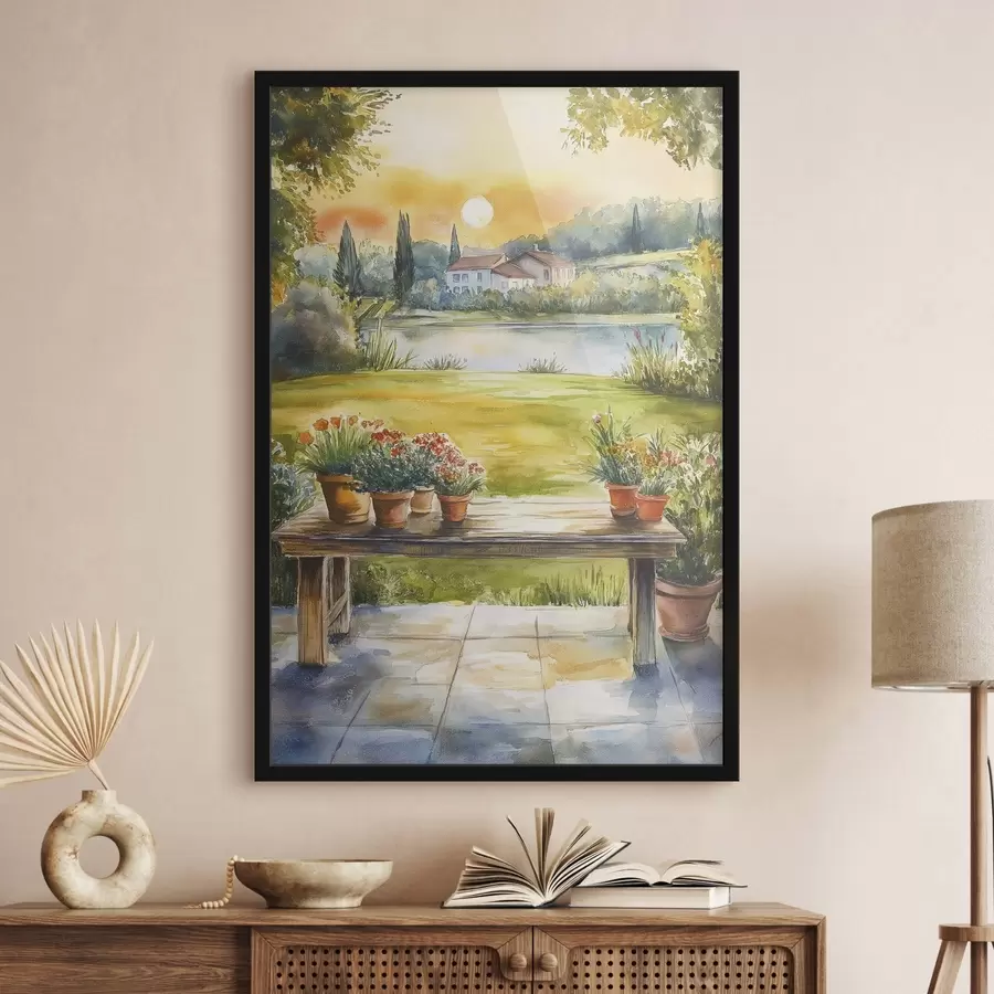 Fototapetes Ciemats uz saulrieta, lauku, vasaras ziedi, ezers, akvareļu stilā f44016