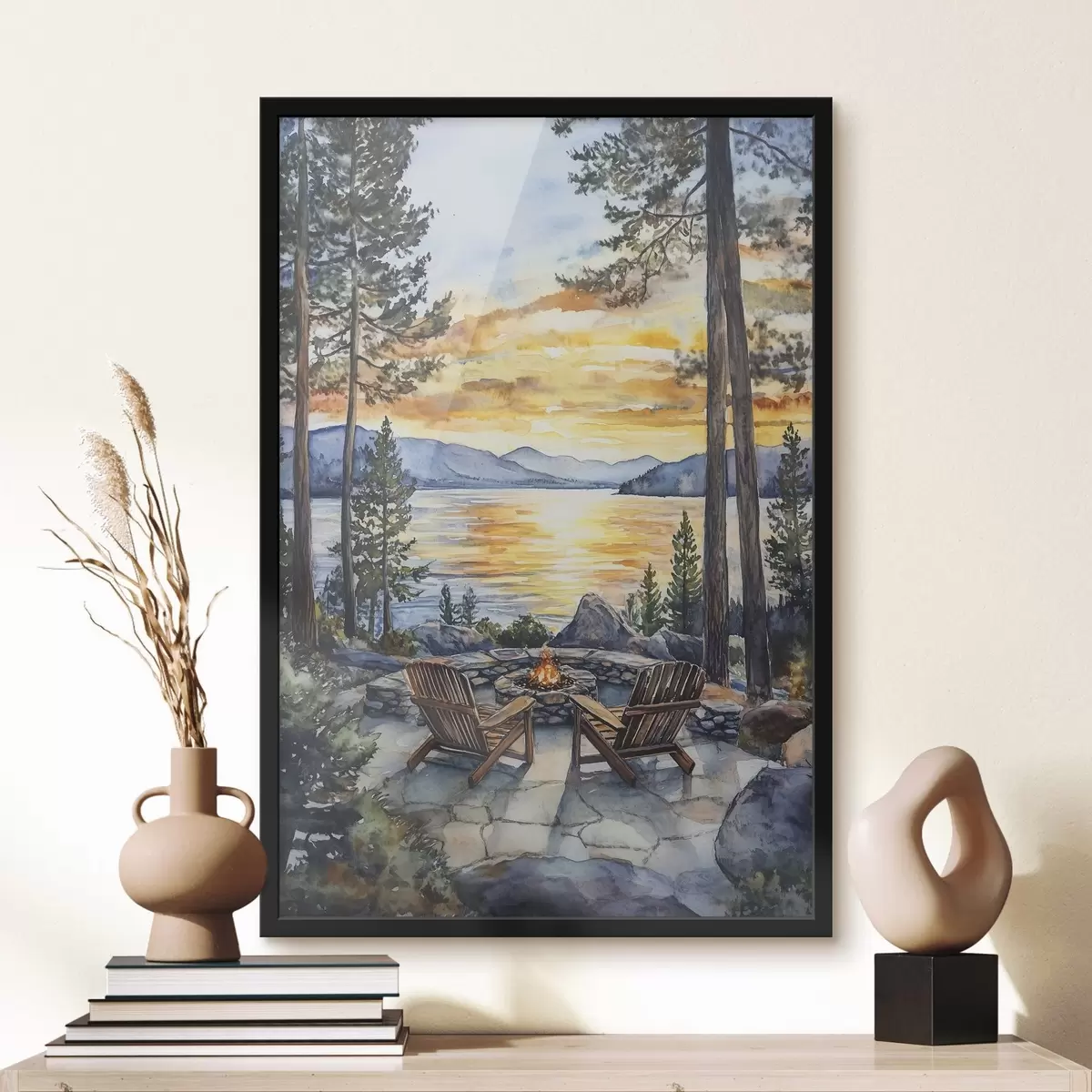 Plakāts Ezers ar kalniem saulrietā, ceļošana, mājīgs kamīns, akvarelis f44018