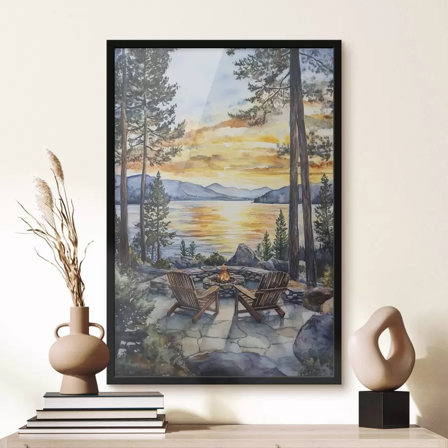 Fototapetes Ezers ar kalniem saulrietā, ceļošana, mājīgs kamīns, akvarelis f44018