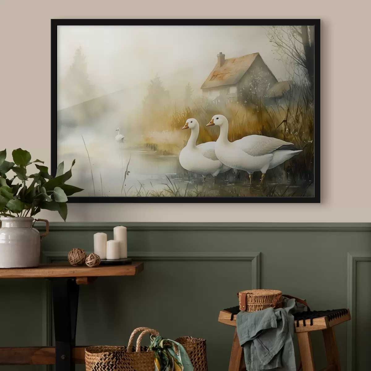 Plakāts Zosis ezerā pie lauku mājas, lauku, akvareļu stilā f44022