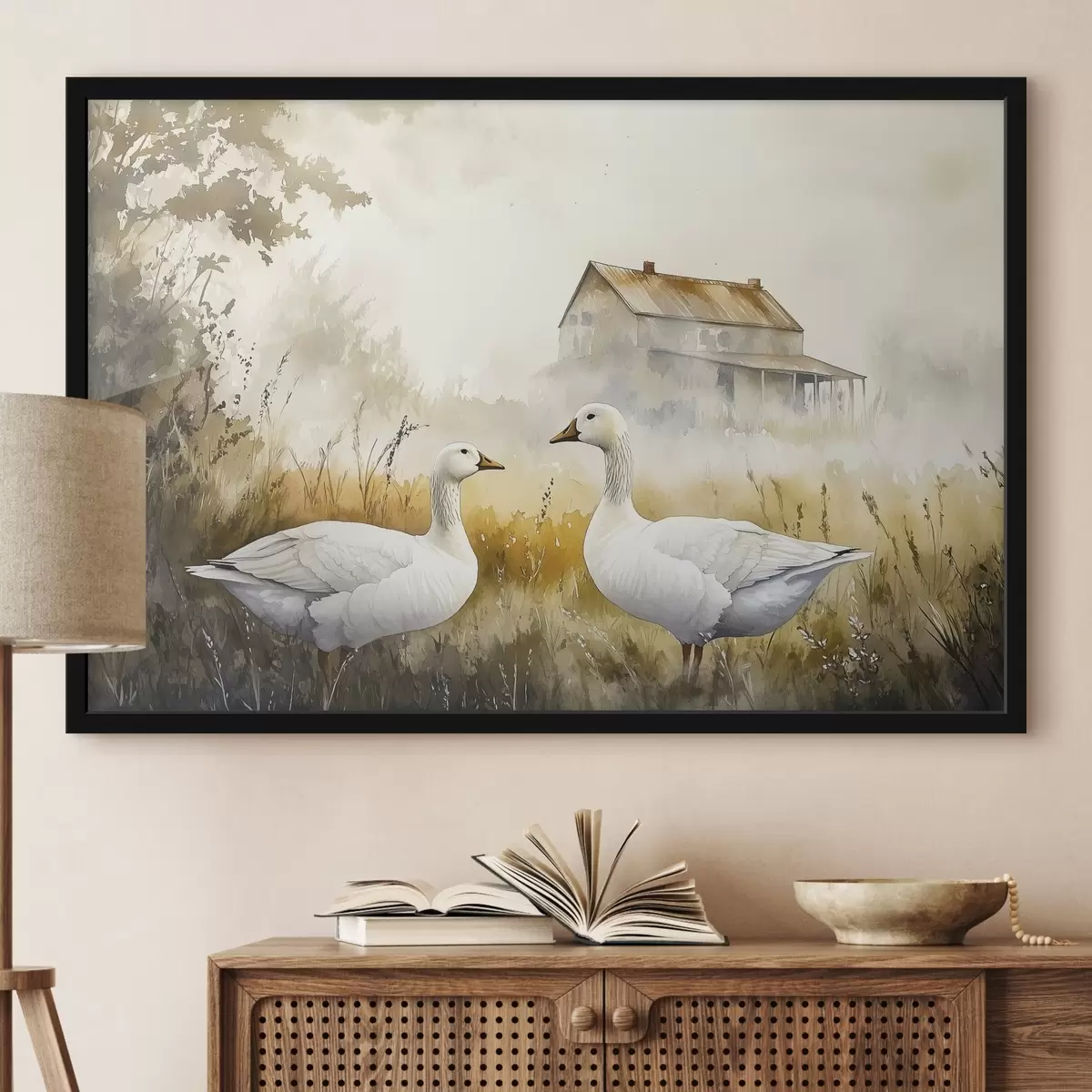 Plakāts Akvareļu stila zosis laukā, ciemats, lauku, lauku stilā f44024