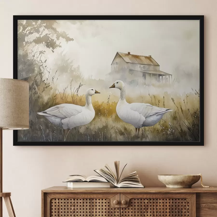 Fototapetes Akvareļu stila zosis laukā, ciemats, lauku, lauku stilā f44024