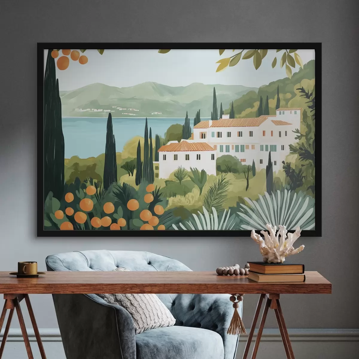 Plakāts Vidusjūras ainavas ar apelsīnu kokiem un mājām, jūras piekraste f44027