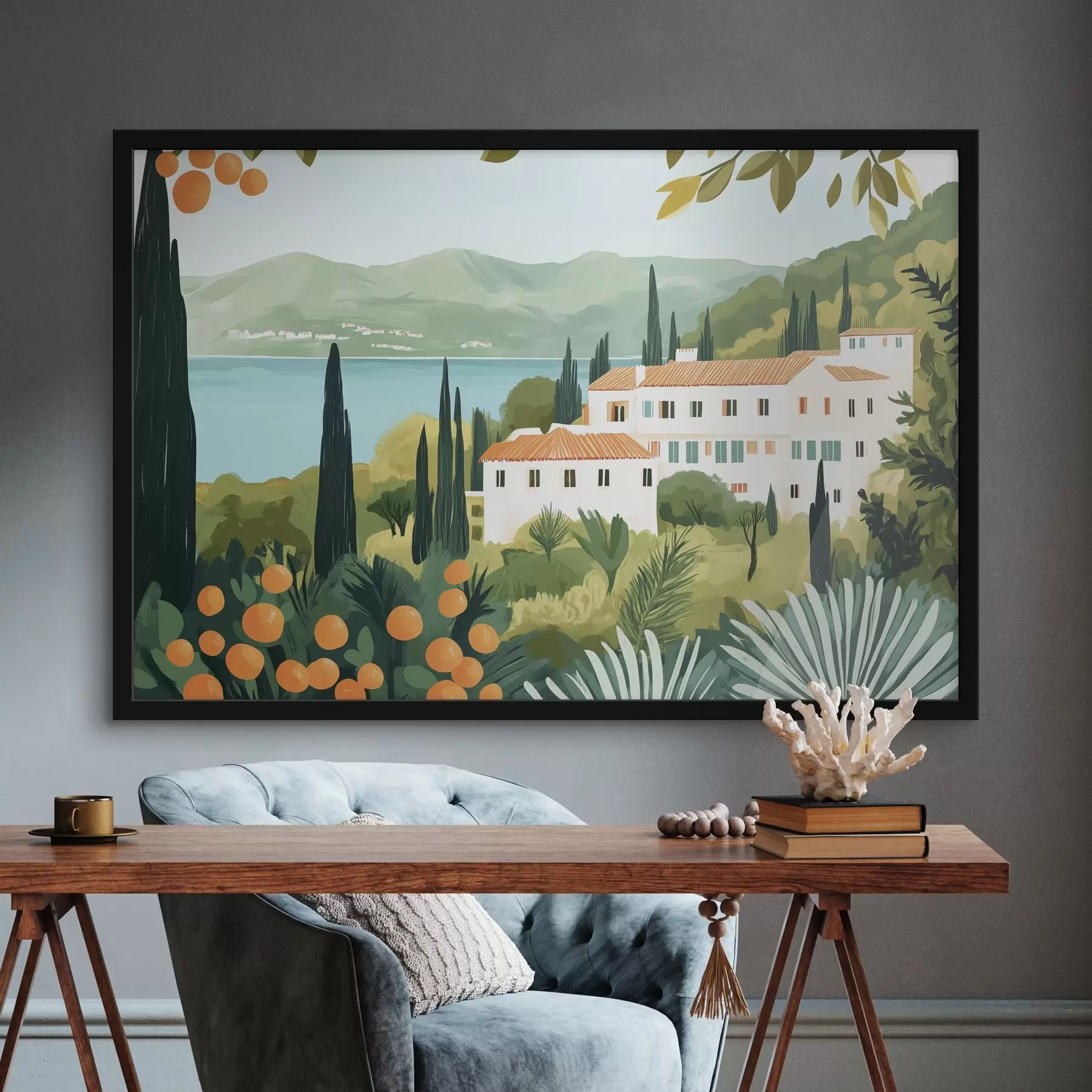 Glezna Vidusjūras ainavas ar apelsīnu kokiem un mājām, jūras piekraste f44027