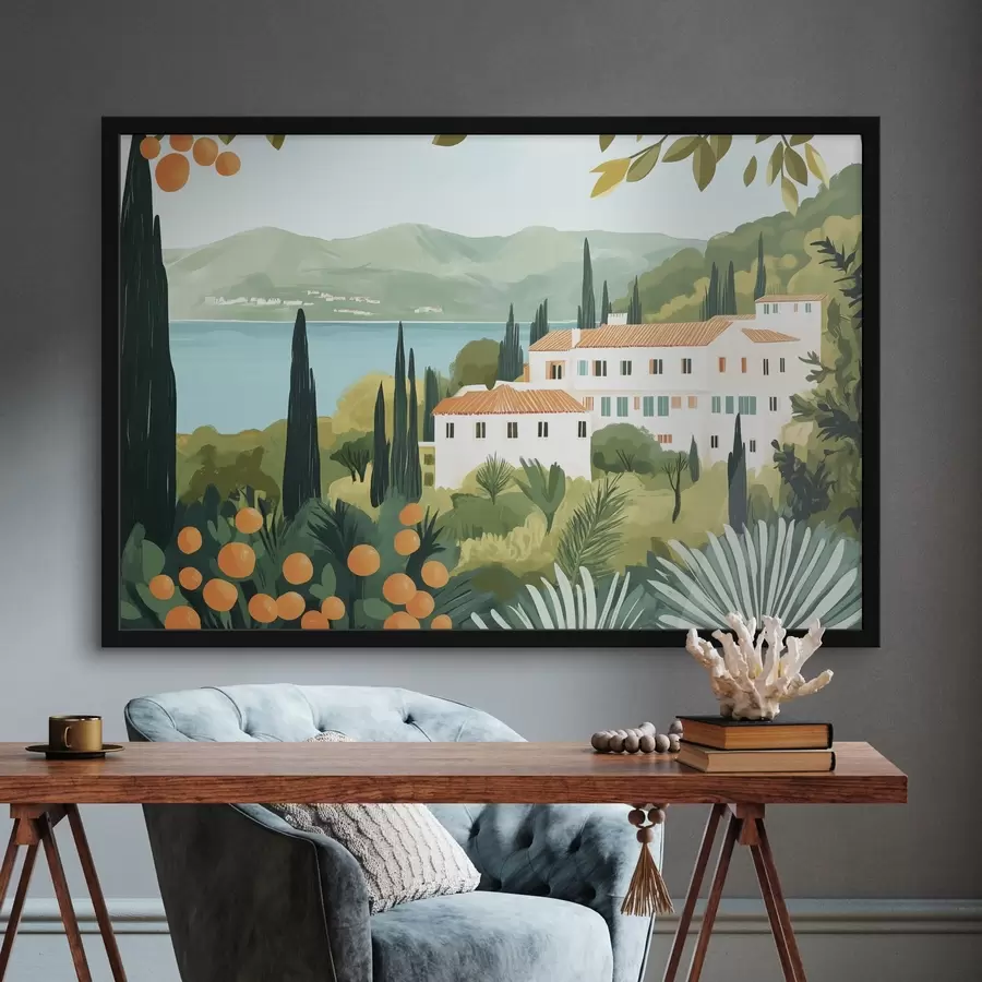 Fototapetes Vidusjūras ainavas ar apelsīnu kokiem un mājām, jūras piekraste f44027