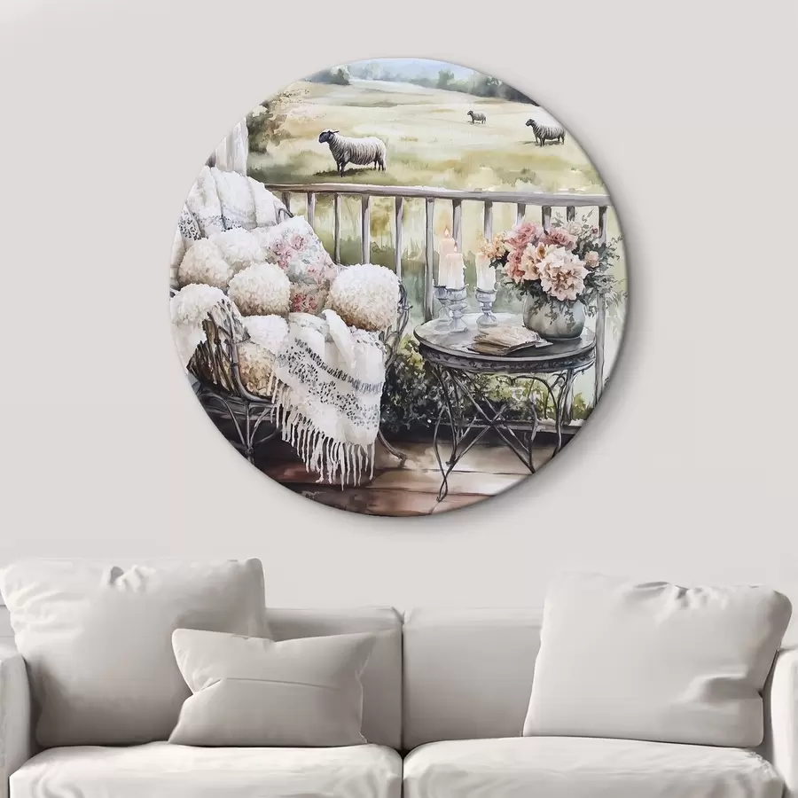 Glezna Lauku sēta ar aitām, laukiem, lauku puķēm, akvareļu stilā r44014