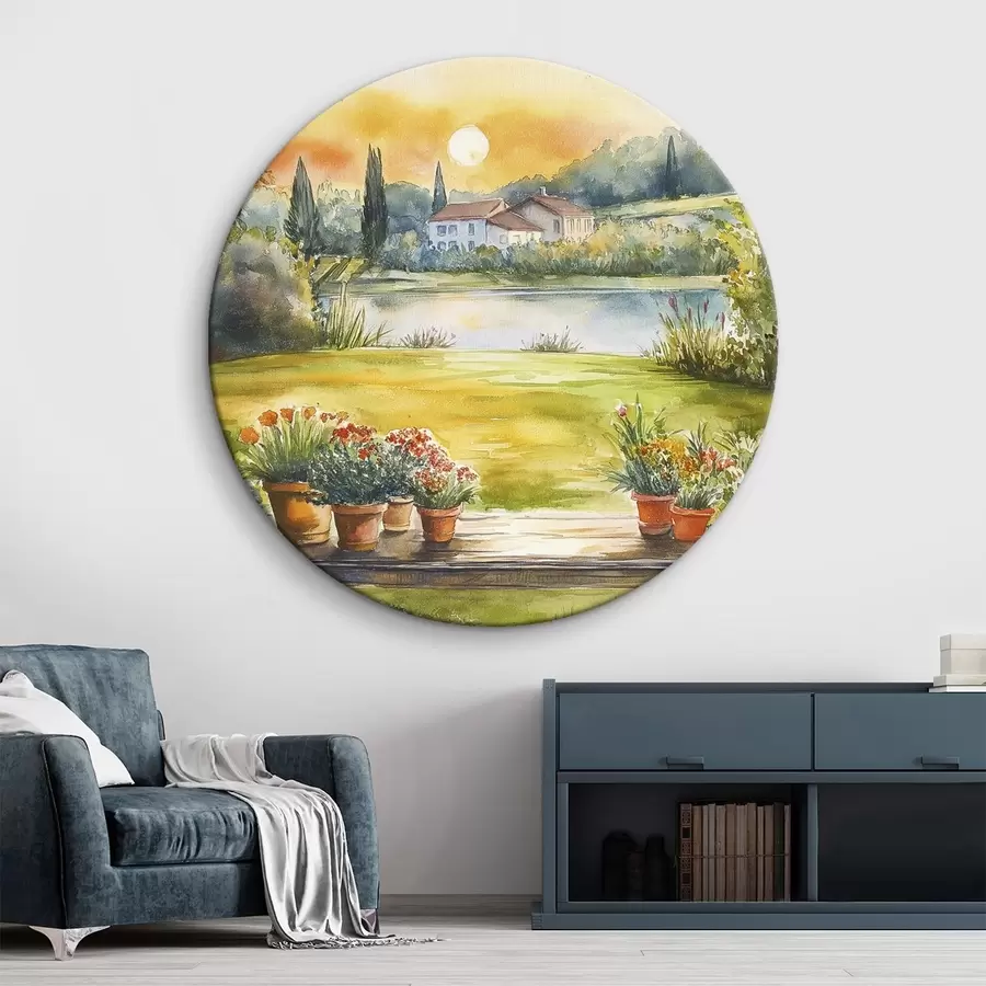 Glezna Ciemats uz saulrieta, lauku, vasaras ziedi, ezers, akvareļu stilā r44016