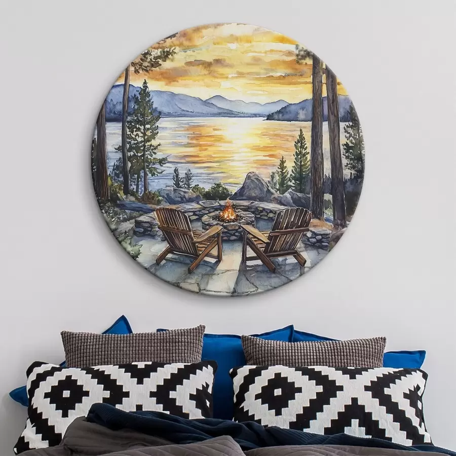 Glezna Ezers ar kalniem saulrietā, ceļošana, mājīgs kamīns, akvarelis r44018