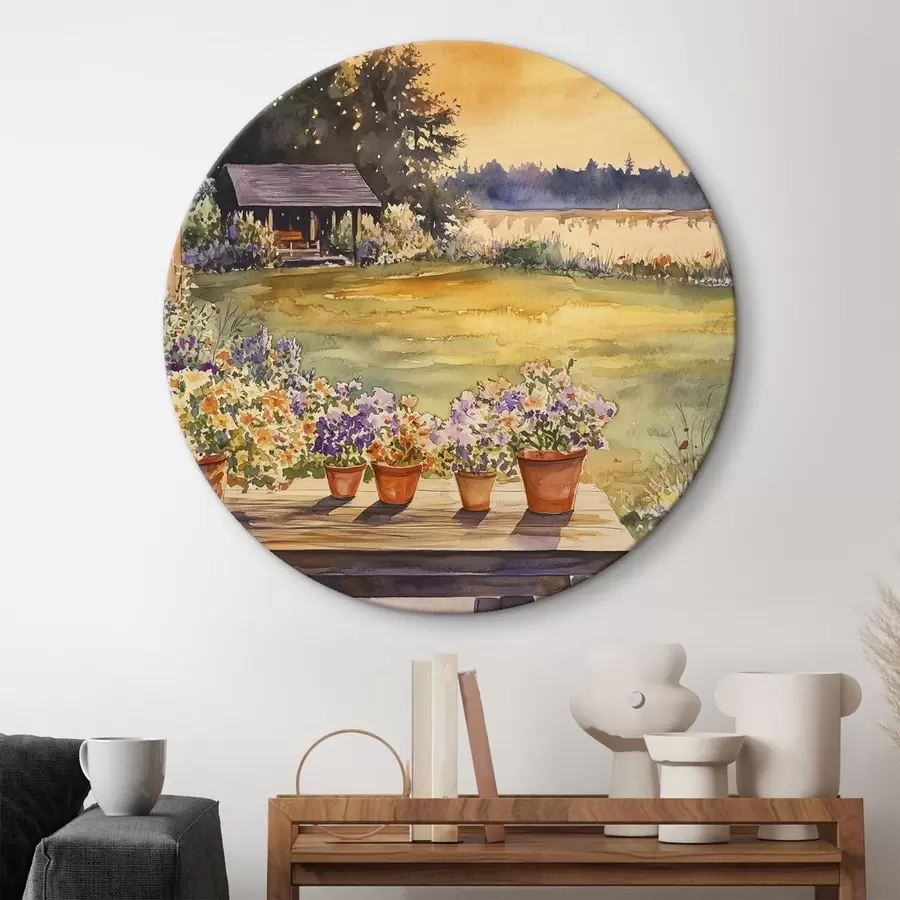 Glezna Ziedi ciema dārzā, saulrieta krāsas, akvareļu stilā r44019