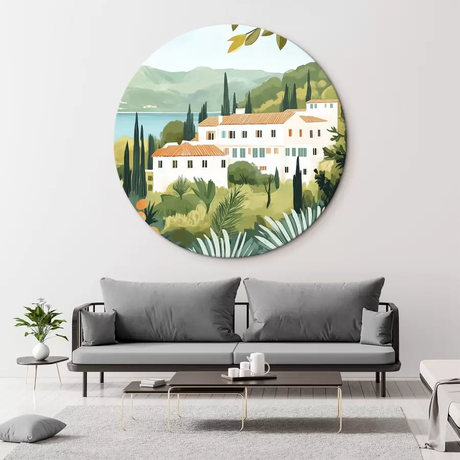 Glezna Vidusjūras ainavas ar apelsīnu kokiem un mājām, jūras piekraste r44027