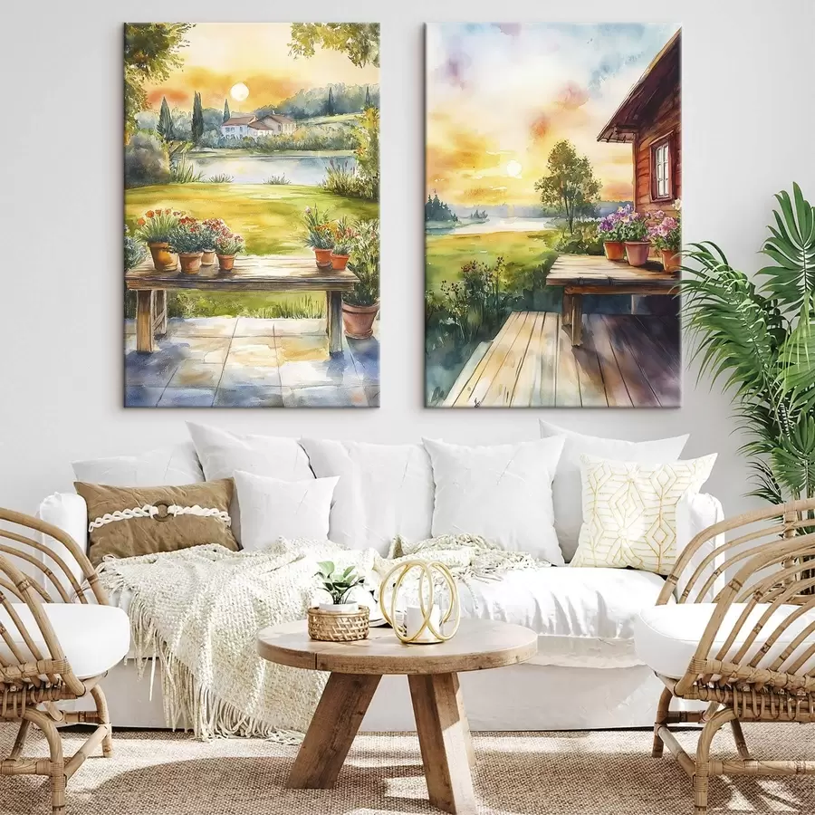 Glezna Vasaras ciems, saulriets, lauku, ziedi, ezers, akvareļu stilā m00449