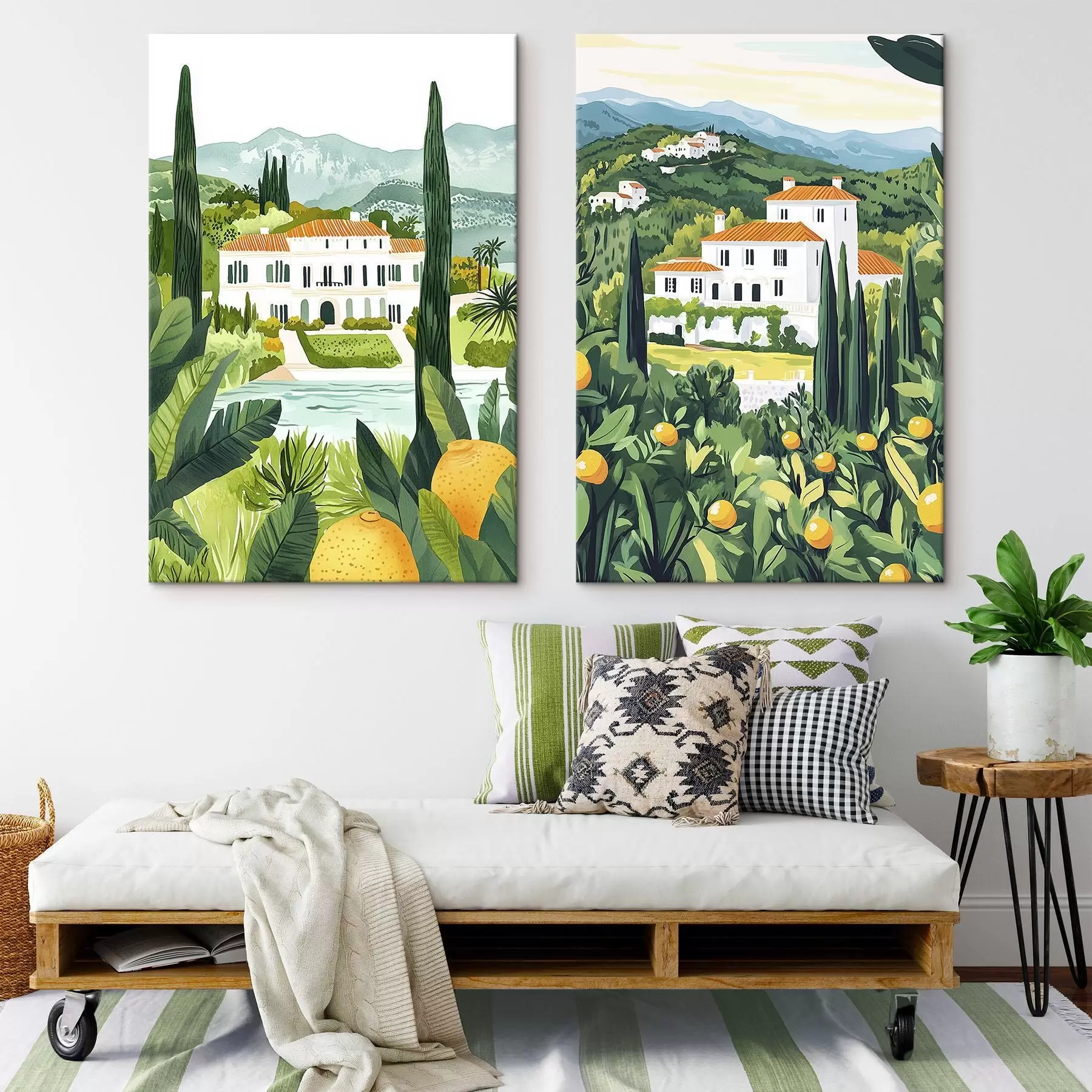 Glezna Vidusjūras ainavas ar kokiem un mājām, jūras piekraste, Spānija m00450