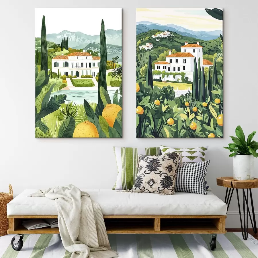 Glezna Vidusjūras ainavas ar kokiem un mājām, jūras piekraste, Spānija m00450