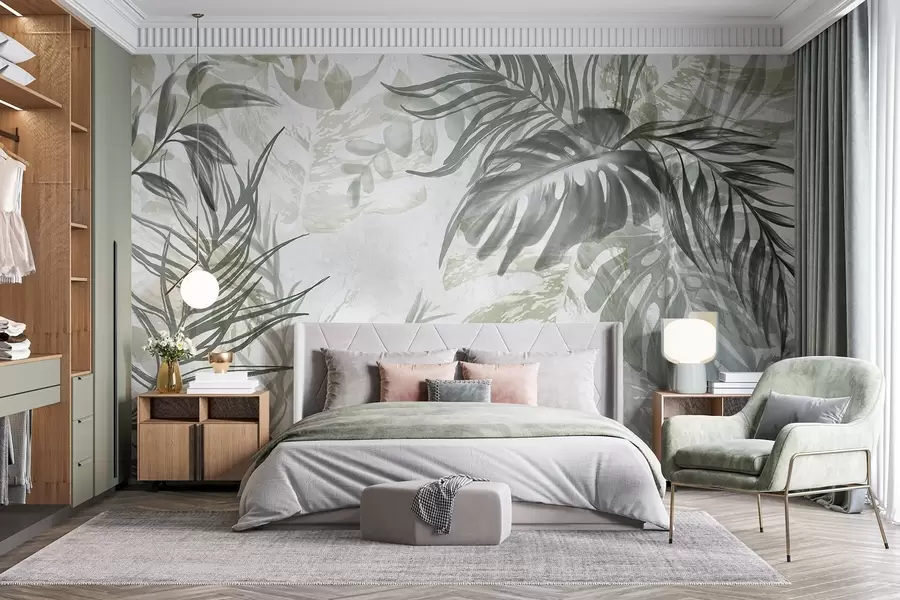 Fototapetes Monstera un palmu lapas zaļos un pelēkos toņos, botānisks, tropu zaļumi, džungļu augi, teksturēts fons w09011