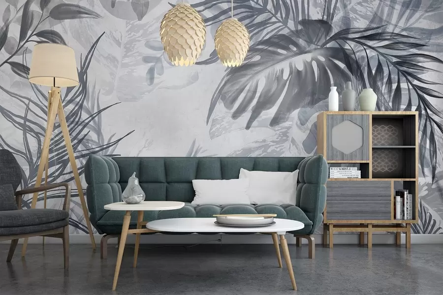 Fototapetes Monstera un palmu lapas zilos un pelēkos toņos, botānisks, tropu zaļumi, džungļu augi, teksturēts fons w09011v1