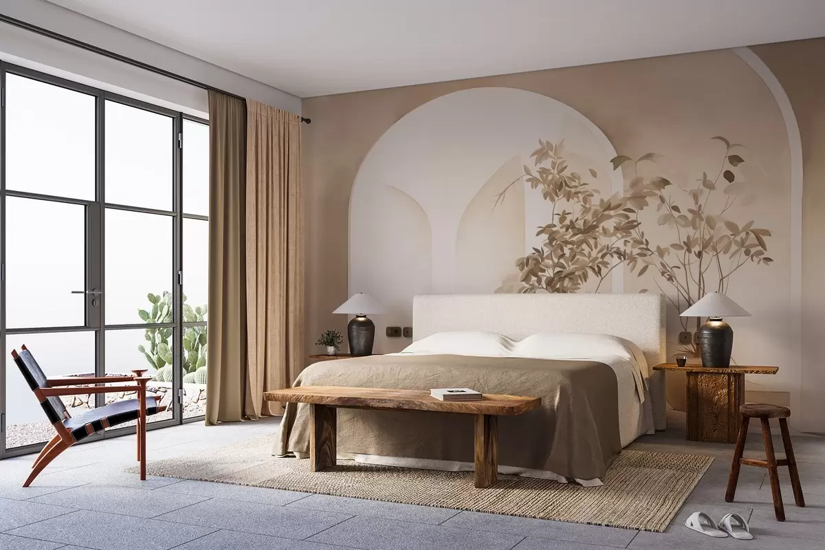 Fototapetes Augi podos ar smilškrāsas toņiem abstraktu arku priekšā, minimālisma stils, elegants un tīrs, neitrāls fons w09013