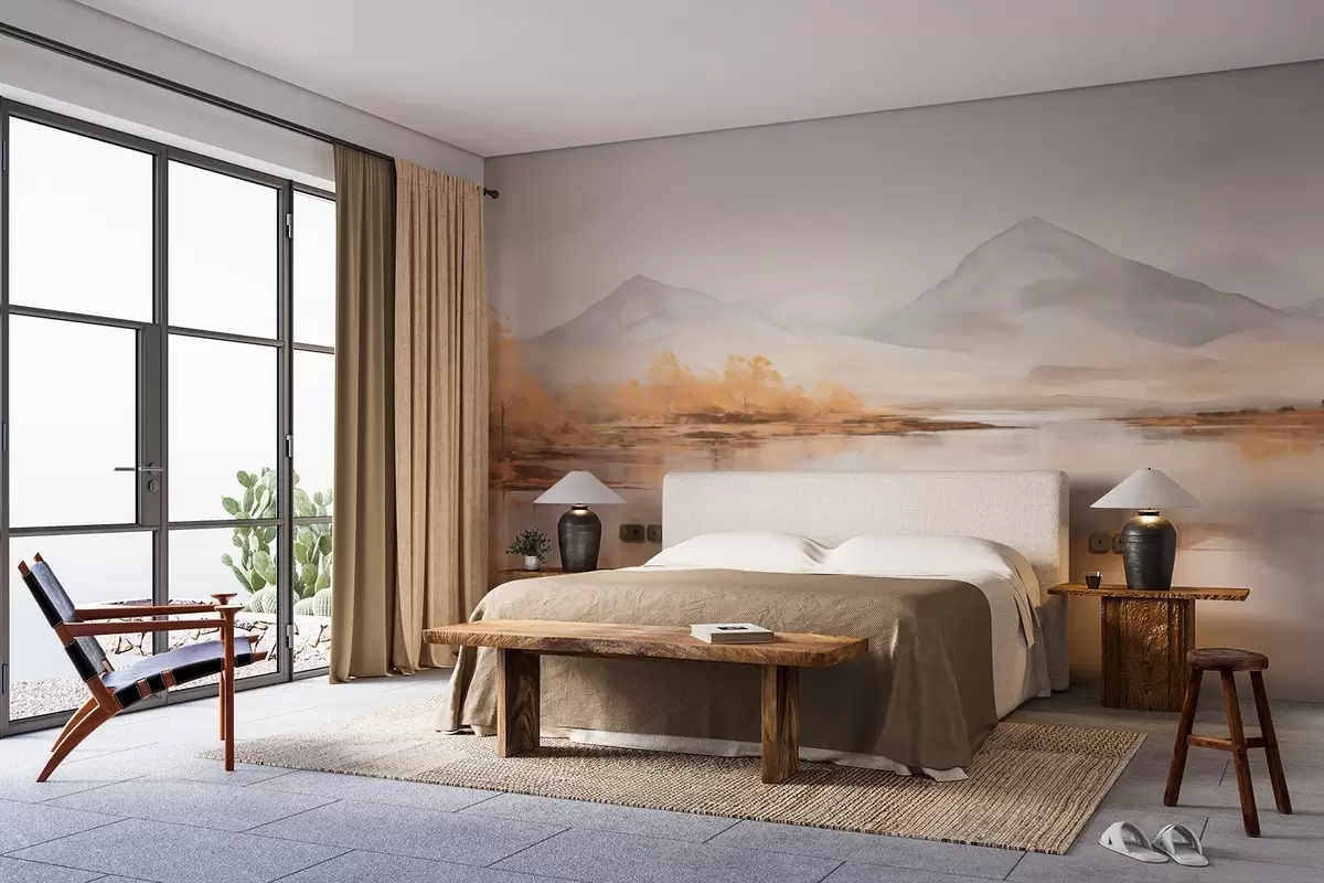 Fototapetes Rudens ainava ar dzelteniem kokiem un upi uz kalnu fona w09020