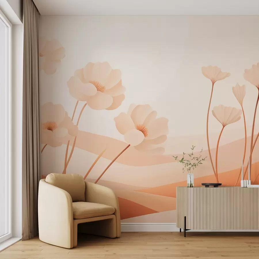 Fototapetes Savvaļas puķes uz miglainu kalnu fona oranži rozā toņos w09030