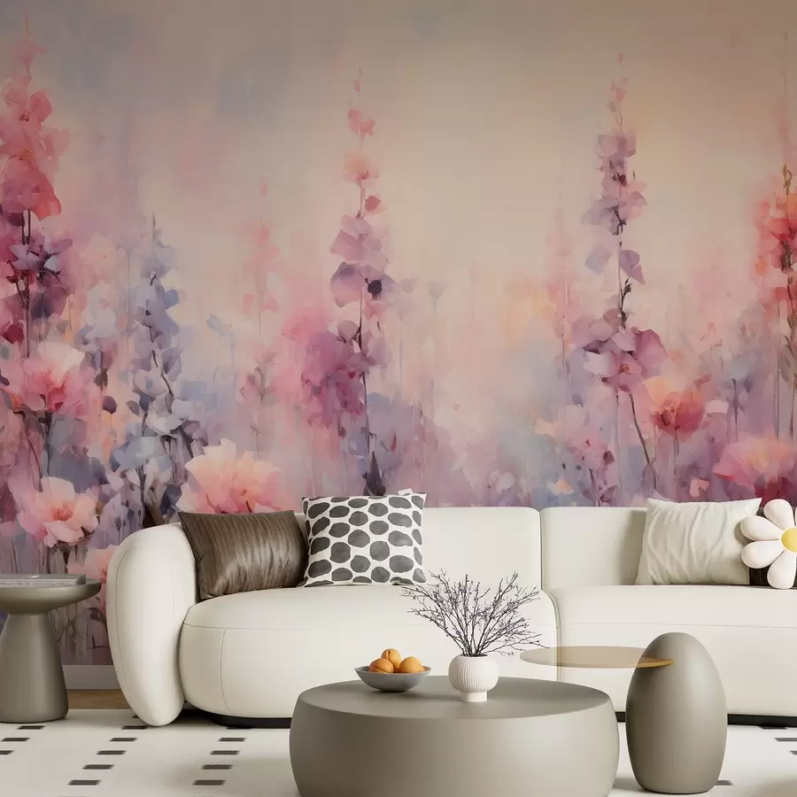 Fototapetes Krāsaini savvaļas ziedi akvareļu stilā: ceriņi, magones, margrietiņas w09038