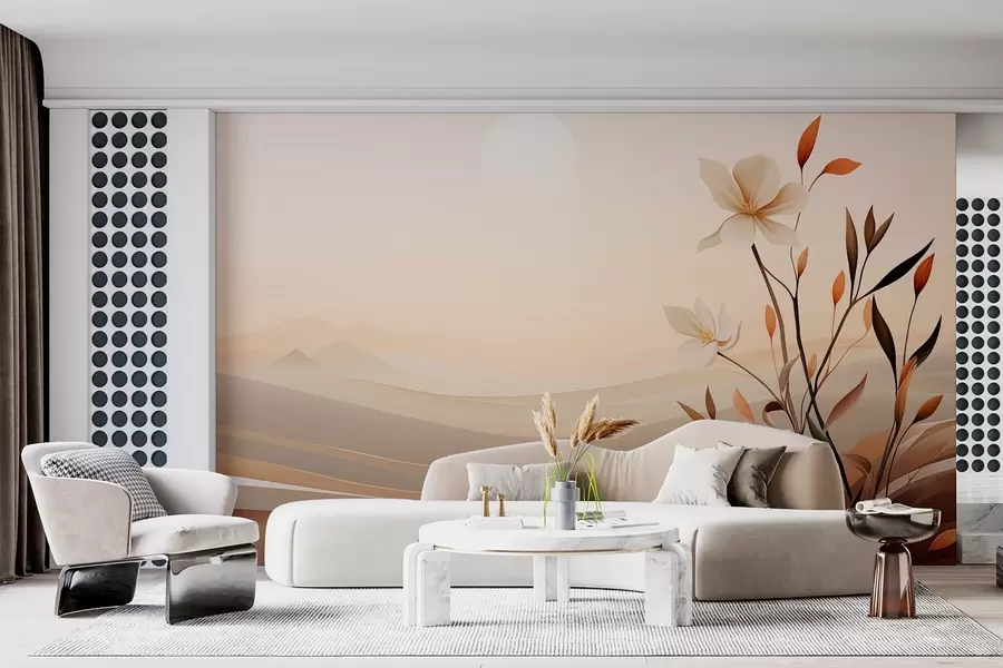 Fototapetes Augošs zieds uz tuksneša un kalnu fona w09044