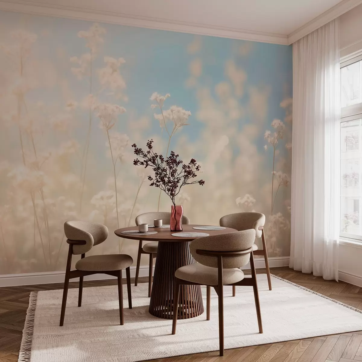 Fototapetes Delikāts žāvētu ziedu lauks izplūdušā saules gaismā w03801