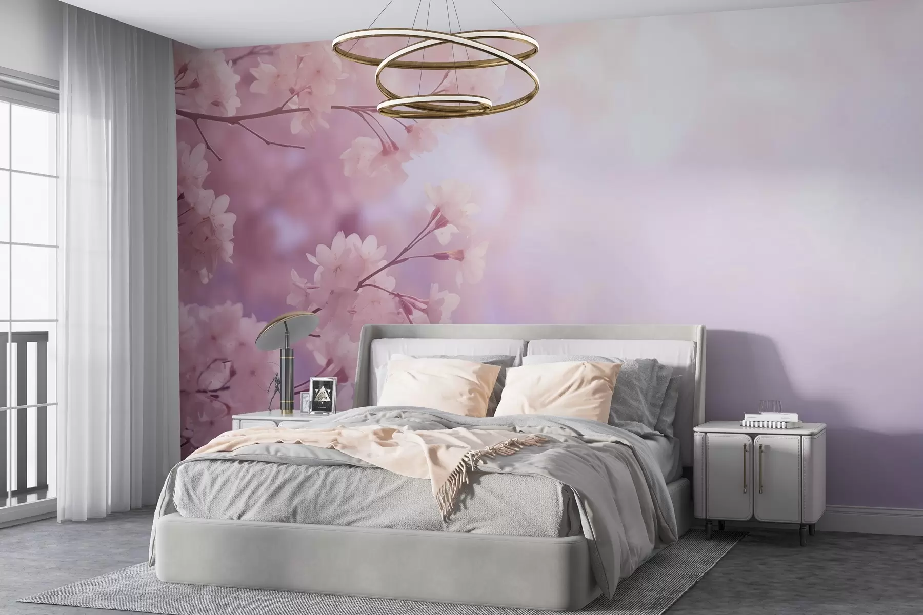 Fototapetes Sakuras zari ar rozā ziediem uz pasteļkrāsas fona w03804