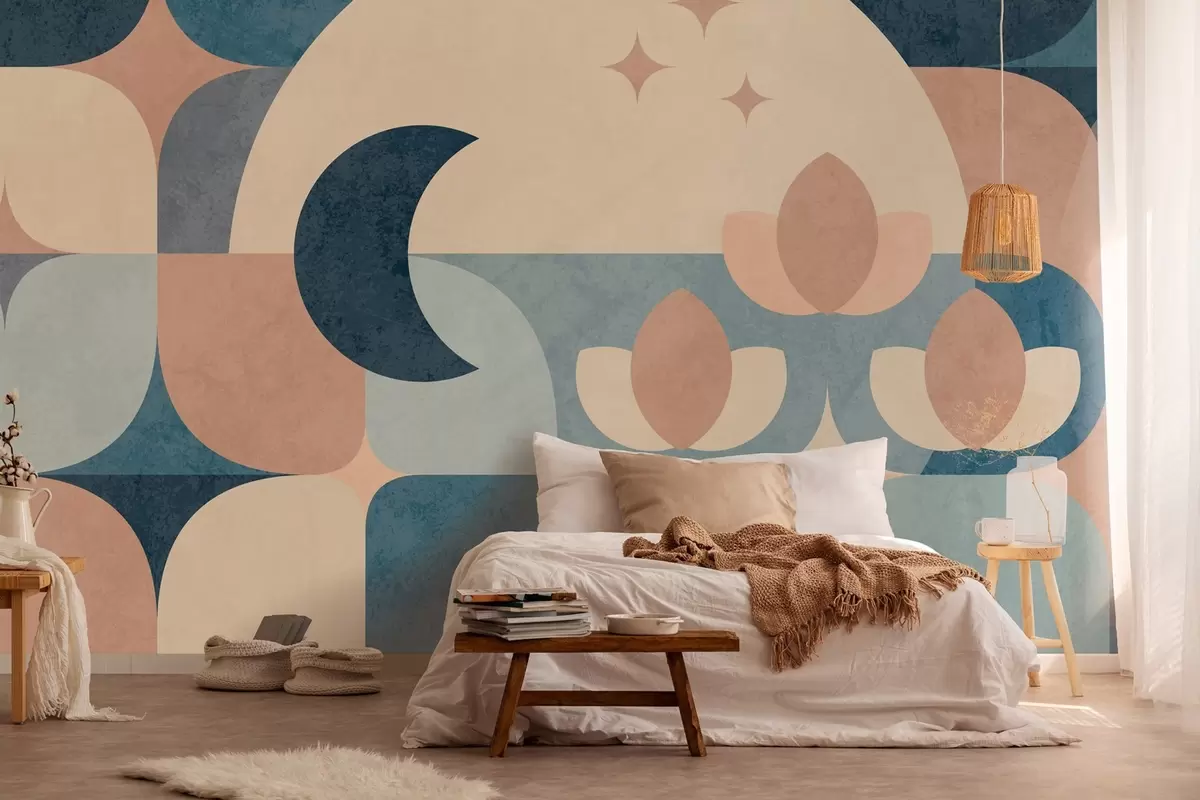 Fototapetes ģeometriskā abstrakcija, kurā maigas formas vienmērīgi savijas ar mēness, ziedu un zvaigžņu simboliem. w03723