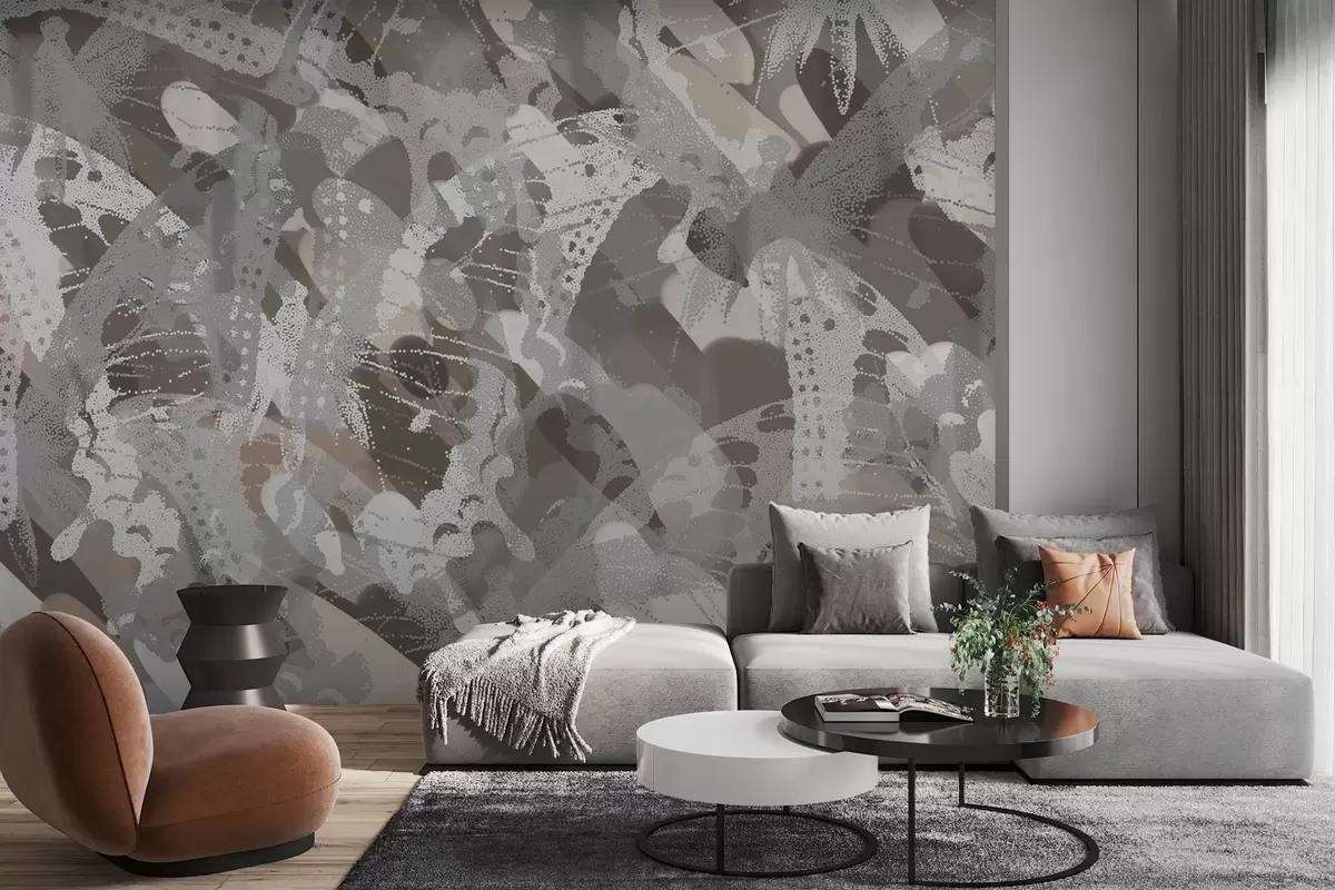 Fototapetes abstrakcija pulks tauriņu pelēkos un brūnos toņos w03725