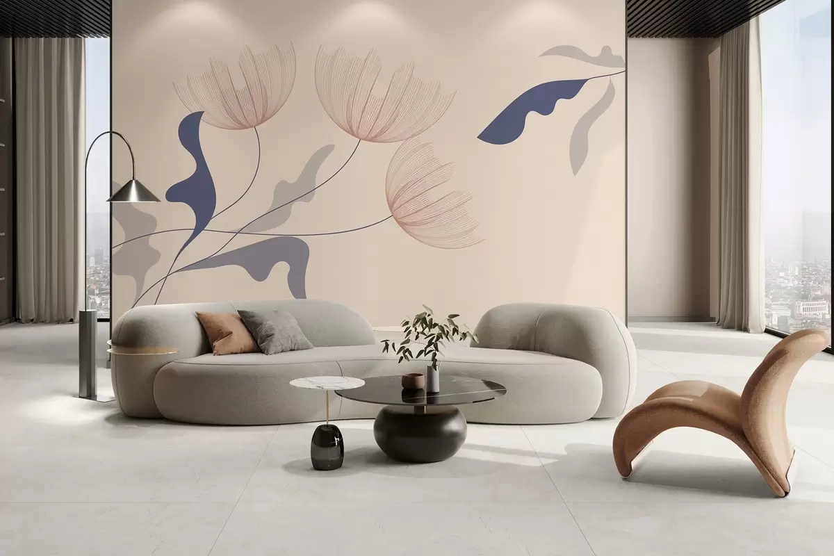 Fototapetes eleganti minimālisma stila ziedi zilos toņos uz bēša fona w03763