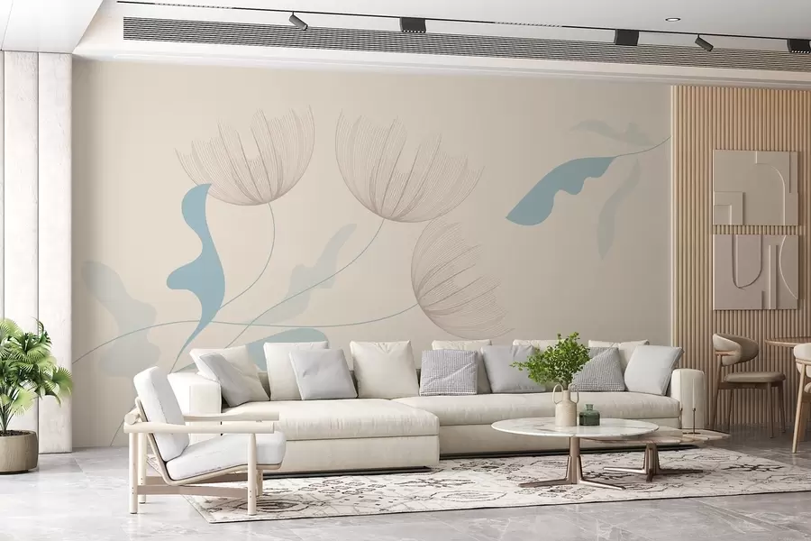 Fototapetes eleganti minimālisma stila ziedi gaiši zilos toņos uz bēša fona w03763v1