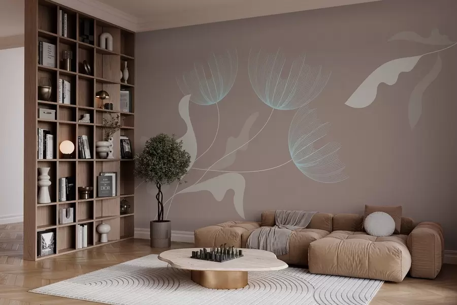 Fototapetes eleganti minimālisma stila ziedi baltā un zilā tonī uz mokas krāsas fona w03763v3