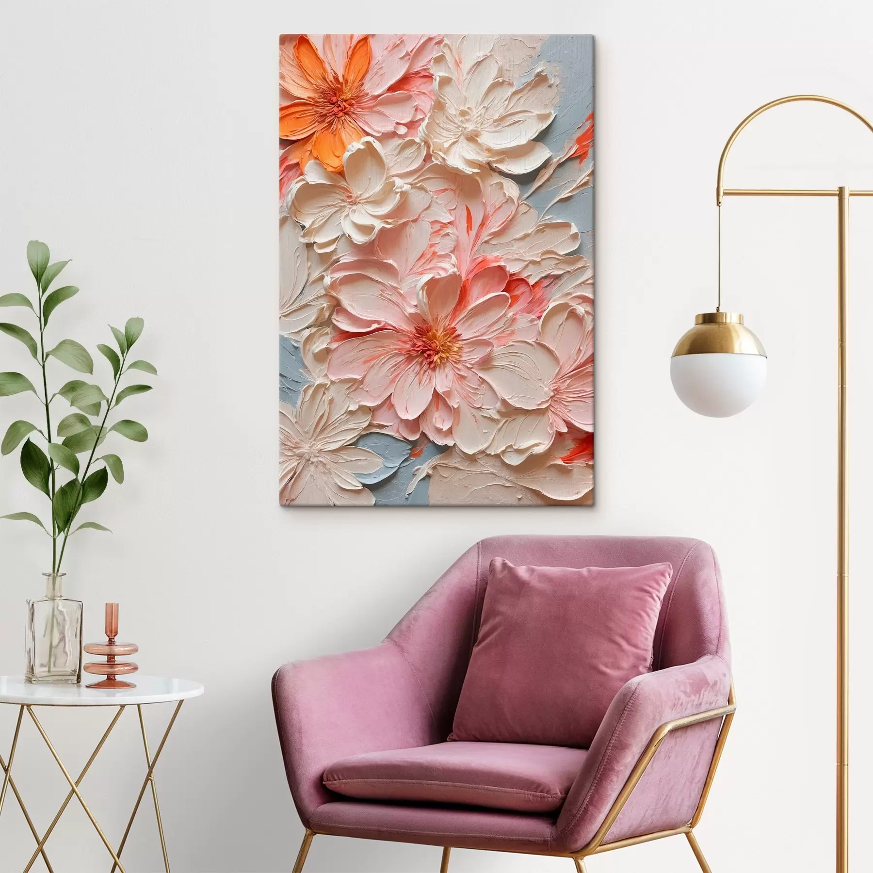 Fototapetes Balti un rozā ziedi uz zila fona eļļas glezna stilā s44074