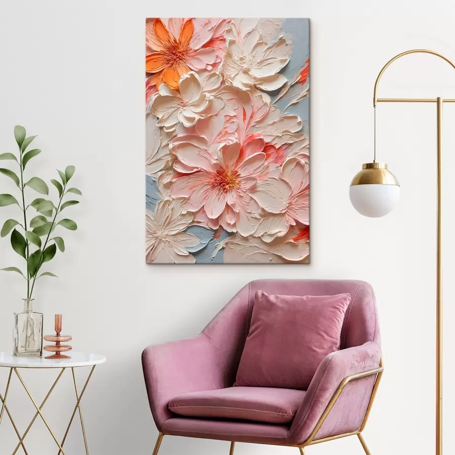 Glezna Balti un rozā ziedi uz zila fona eļļas glezna stilā s44074