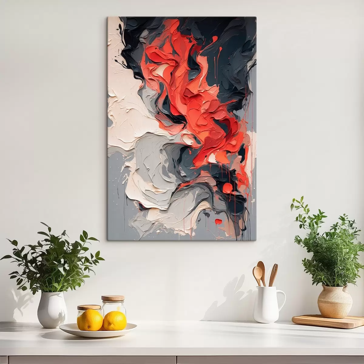 Glezna Abstraktā eļļas glezna sarkanā, melnā un pelēkā krāsā s44079