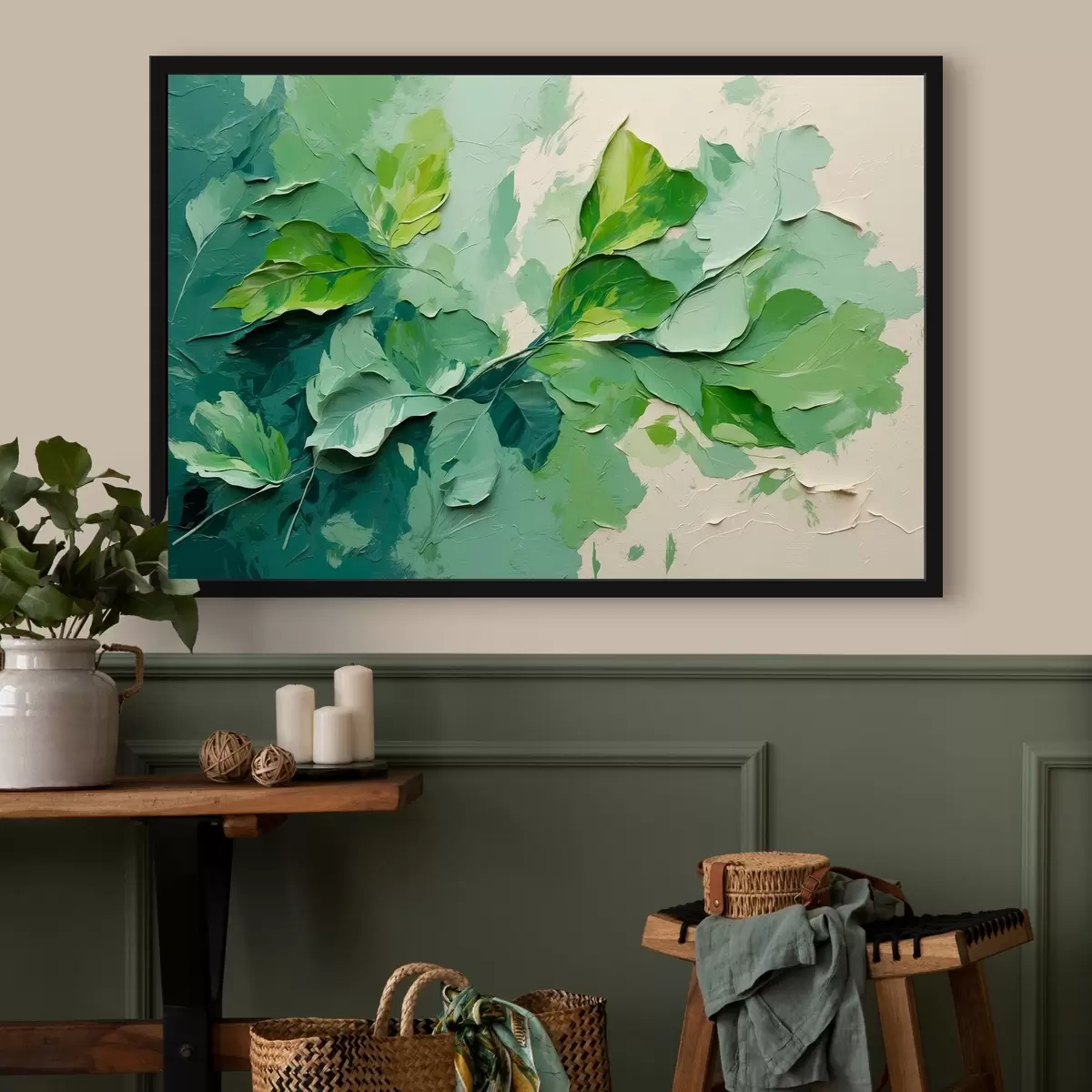 Plakāts Zariņš ar zaļām lapām eļļas gleznošanas stilā f44075