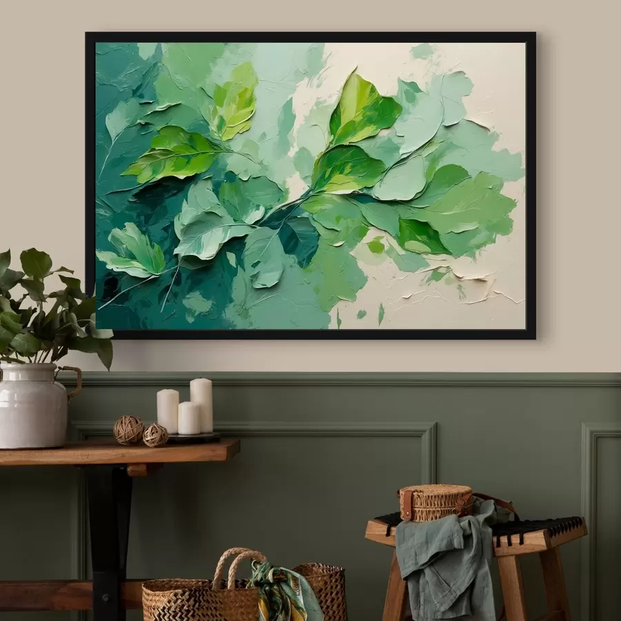 Fototapetes Zariņš ar zaļām lapām eļļas gleznošanas stilā f44075