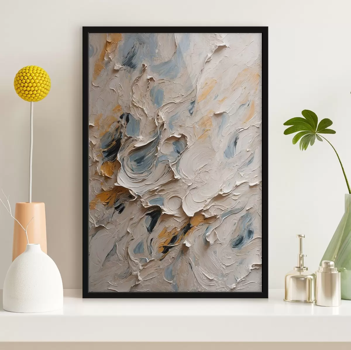 Plakāts Abstraktā eļļas glezna baltā un zilā krāsā f44078