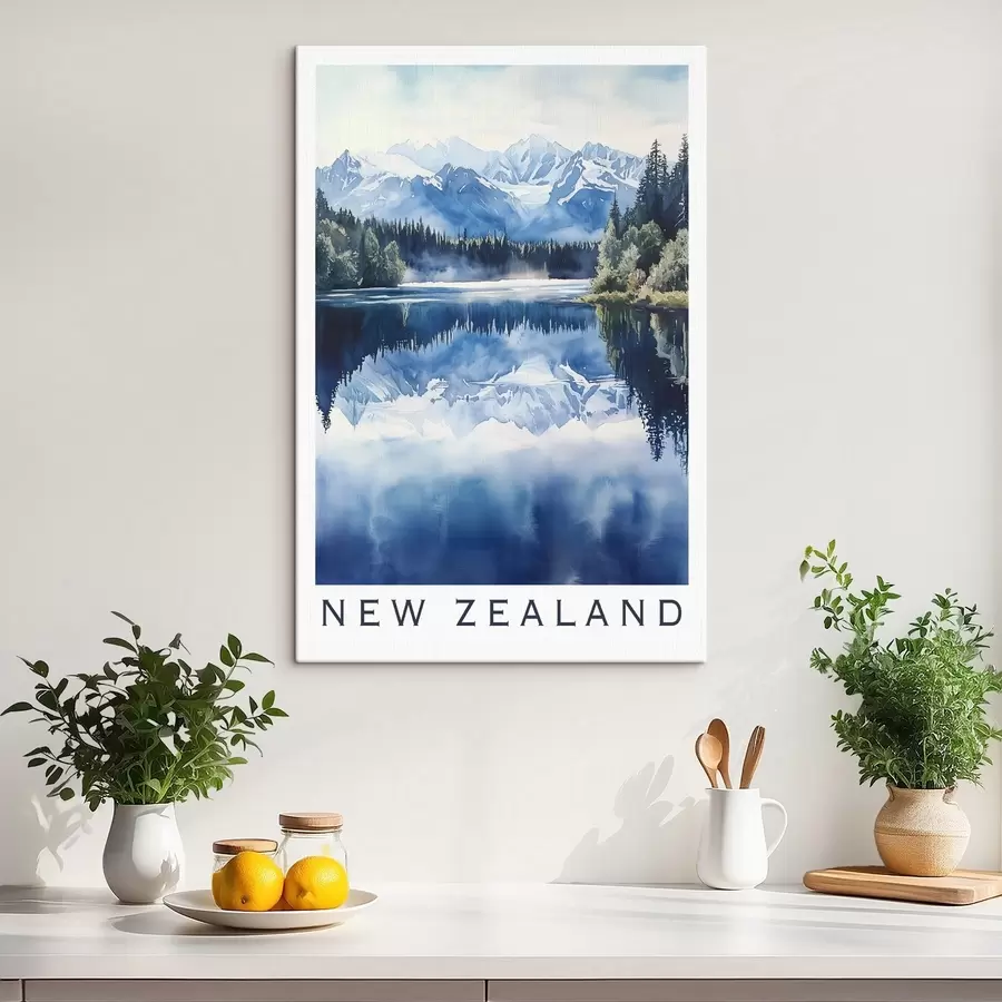 Glezna Skaisti kalni Jaunzēlandē, akvareļu stilā, ezers, mežs s44144