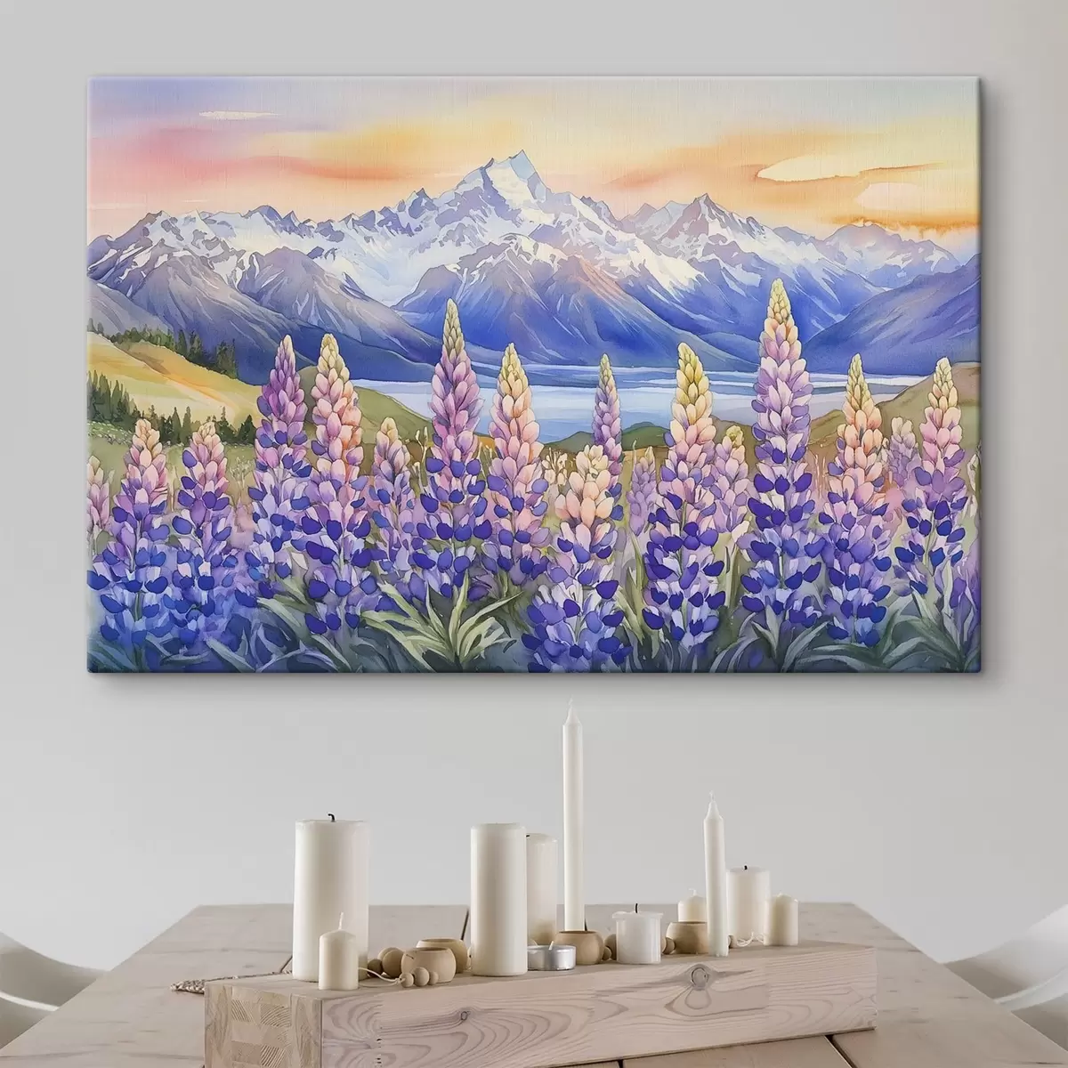 Glezna Lupīnu ziedi, pļava, kalni, akvareļu stilā, saulrieta debesis s44146