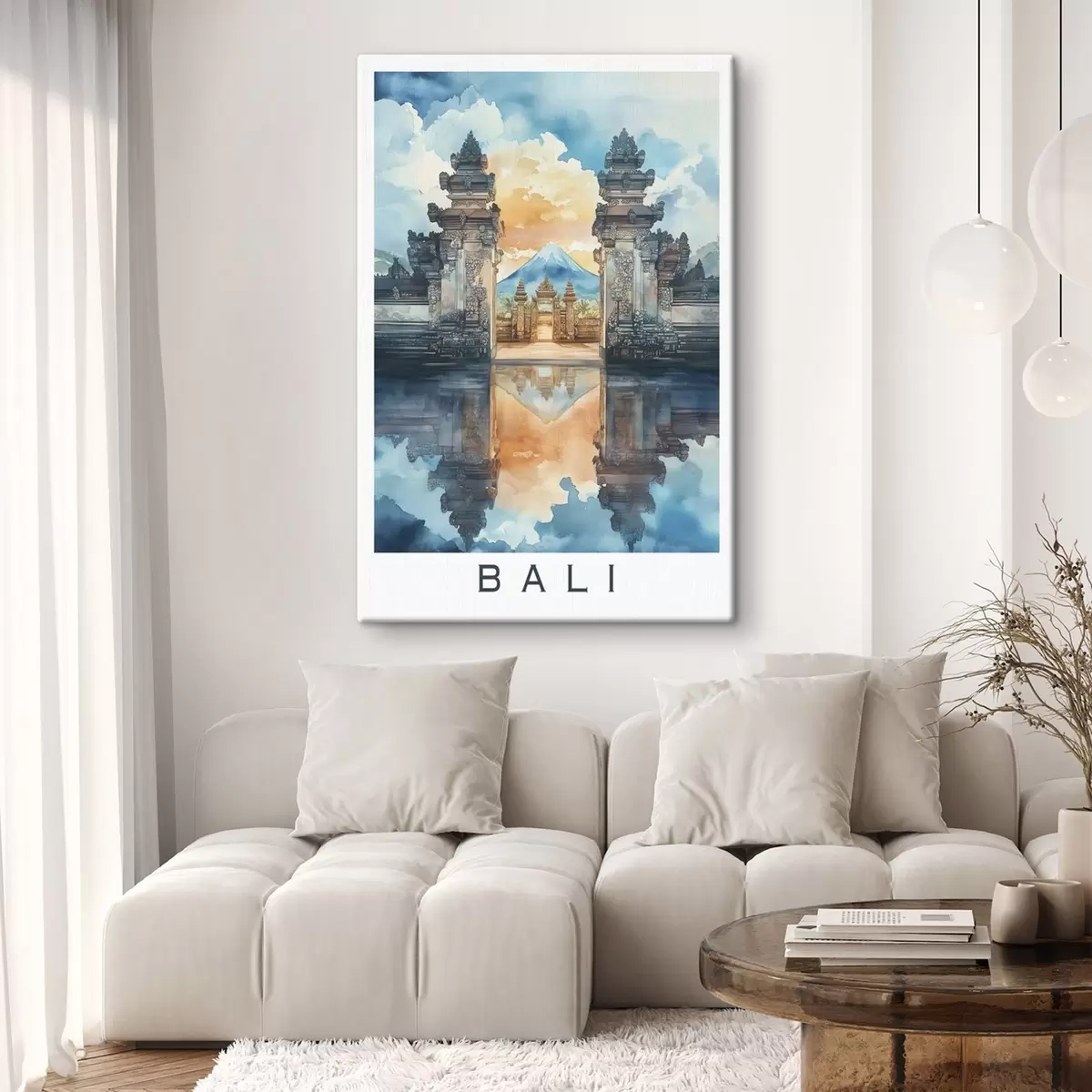 Glezna Bali estētika, templis, saulrieta debesis, tropu daba, akvareļu stils s44149