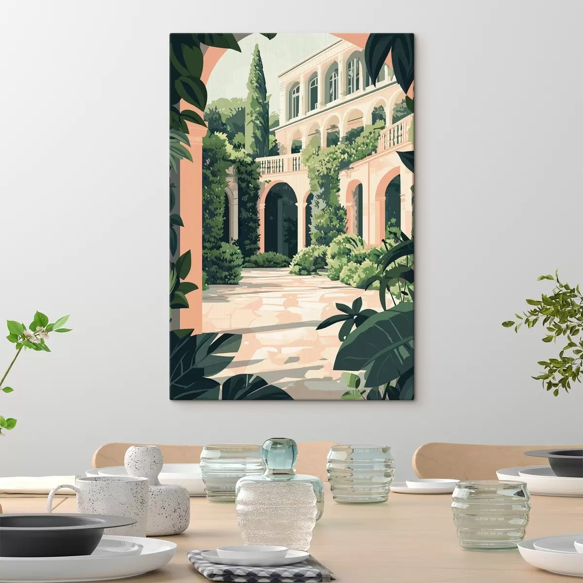 Glezna Vidusjūras arhitektūra, tropu daba, dzīvokļa stils, villa ar dārzu s44150