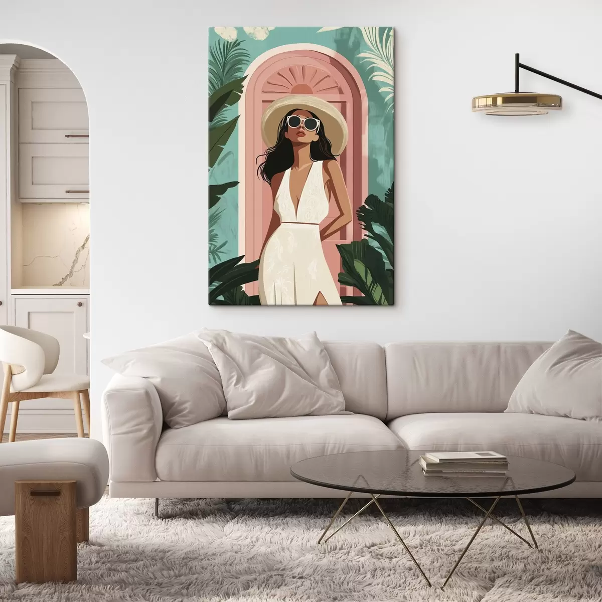 Glezna Sieviete ar saulesbrillēm un cepuri, tropu daba, arhitektūra  s44152