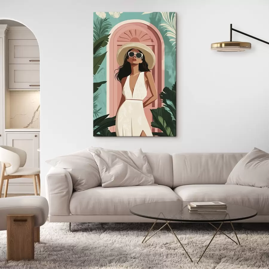 Glezna Sieviete ar saulesbrillēm un cepuri, tropu daba, arhitektūra  s44152